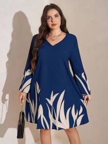 Comfylo Plus Size Women Black V-Neck Knee Length Floral Print Dress For Autumn & Winter