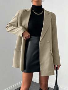 EURMUSE Women's Striped Print Lapel Collar Casual Blazer Jacket, Suitable For Work And Commute, Spring/Autumn - Beige - View 5
