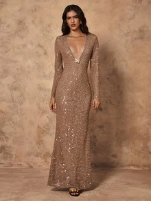 SHEIN Unity Butterfly Sequin Decor Bodycon Sexy Women Dress - Brown - View 1