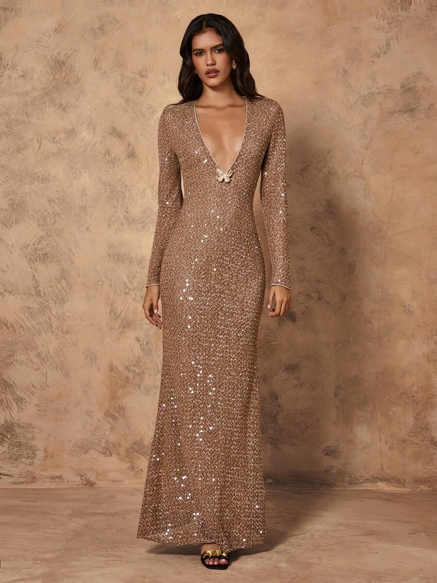 SHEIN Unity Butterfly Sequin Decor Bodycon Sexy Women Dress - Brown - View 1