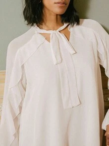 SHEIN Unity Double Layer Oversized Chiffon Ruffle Detail Boho Smock Dress Vacation Dress Old Money Style Dress - Apricot - View 1