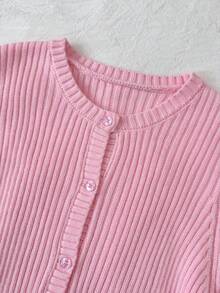 Elamini Bộ 2 món áo len cardigan tay dài cổ tròn màu hồng dễ thương cho nữ mặc ngoài trời và quần ống loe - Hồng - Xem 3