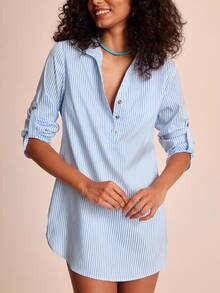 CAJUNI Women's Casual Vacation Retro Blue & White Striped Long Sleeve Shirt, Suitable For Dates, Outings - Autumn - Blue and White - View 5