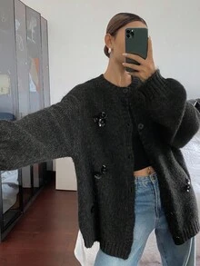 DAZY Loose Business Casual Chic Street Elegant Sequin Beaded Knit Cardigan For Women, Suitable For Autumn & Winter, New Year & Christmas - Black - View 2