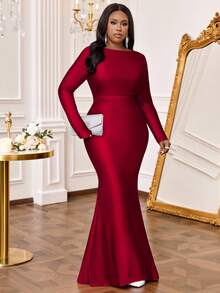 SHEIN Lady 秋冬优雅派对婚礼鸡尾酒会演唱会/音乐节红色针织金属露肩美人鱼荷叶边长袖大码连衣裙 - 酒紅色 - 查看 4