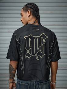 AXEPEAK Men's Letter & Spider Web Striped Print Round Neck Short Sleeve Casual T-Shirt - Black - View 4