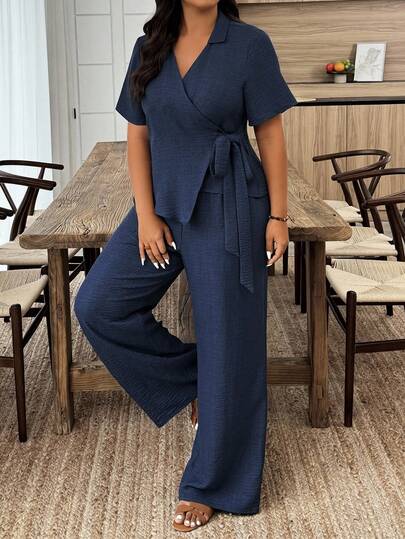 Weeklong Plus Size Women Solid Color Wrap Tie Short Sleeve Shirt And Pants Casual 2 Pieces Set