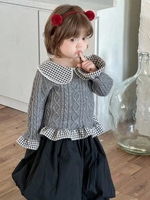 DAZY Suéter de manga larga de unicolor con cuello Peter Pan para niñas pequeñas, otoño/invierno - Gris - Ver 2