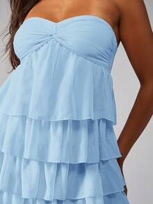 MISSGUIDED Strapless Mini Party Dress Ruffle Layered Design Empire Waist Summer Wedding Guest Mini Dress Twist Front Tiered Babydoll Party Club Dress - Baby Blue - View 5