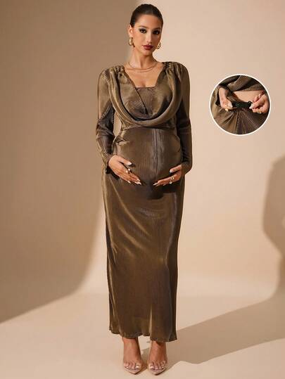 MaterniChic 2 件孕妇套装：纯色圆领长袖上衣和可调节腰部中长裙，优雅