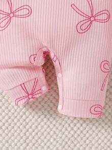 SHEIN 情人节新生儿爱心印花连体衣，舒适针织休闲连体衣，配发带，秋冬季款 - 粉色 - 查看 8