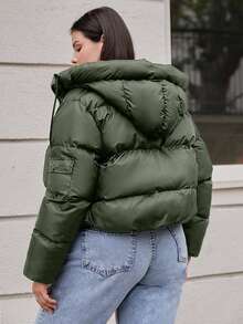 Plus Women's Short Padded Hooded Jacket - Army Green - View 2
