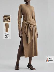 Ontre 2025年新品，针织混纺，秋冬，现代都市风格，女式中长连衣裙，卡其色，柔软针织面料，腰部可调节，圆领，商务休闲，办公室着装，日常装，金属扣腰部调节，开衩，都市时尚，简约优雅 - 卡其色 - 查看 1