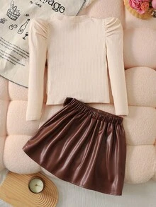 SHEIN Tween Girl Mock Neck Puff Sleeve Snug Fit T-Shirt Paired With PU Button Bow Skirt - Multicolor - View 2