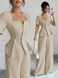 Elenzga New Stylish French Design Outfit For Women, Spring/Summer, Fitted Blouse With Square Collar + Wide Leg Straight Pants, 2 Pieces Set