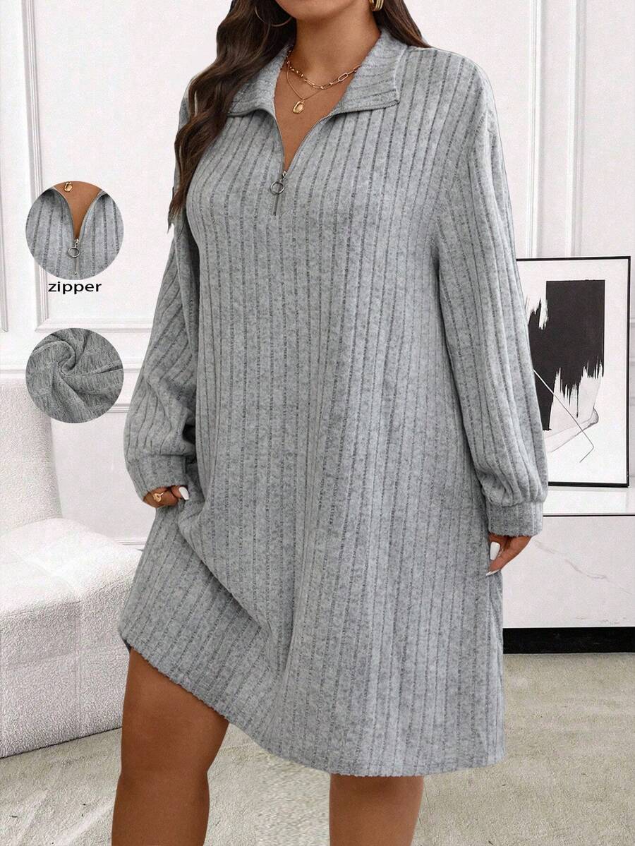 EMERY ROSE Plus Size Casual Elegant Loose Long Sleeve Solid Color Dress For Women - Grey - View 1