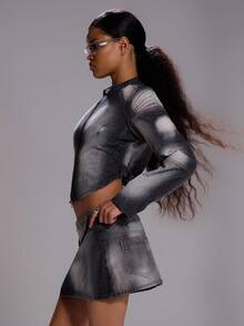 MUSERA Áo khoác denim biker phối nhiều đường may, kiểu dáng gợi cảm, thích hợp mặc đi chơi mùa thu đông, thanh lịch, phong cách dystopian, sành điệu mùa xuân hè. - Xám - Xem 3