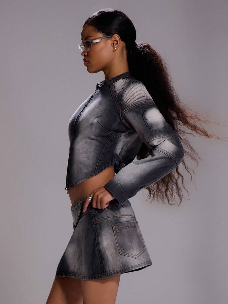 MUSERA Seam Detail Panelled Washed Denim Biker Jacket Top Only Sexy Going Out Fall Autumn Winter Elegant Dystopian Winter Chic Spring Summer - Grey - View 3