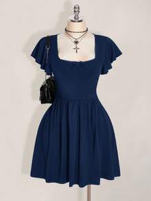 SHEIN ICON Plus Size Solid Color Minimalist Square Neck Ruffle Sleeve Dress - Navy Blue - View 1