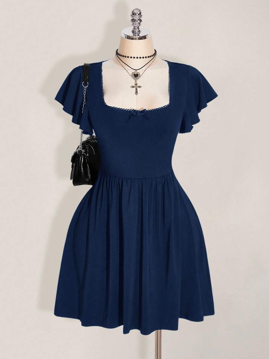 SHEIN ICON Plus Size Solid Color Minimalist Square Neck Ruffle Sleeve Dress - Navy Blue - View 1