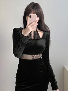 DAZY Women's Fashion Sexy Lace Patchwork Bodycon Dress Prom Dress - Black - View 6