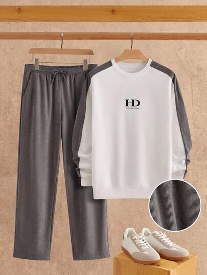 Manfinity NXTstreet 2 件套男士字母印花针织圆领运动衫套装男士休闲套装男士灰白套装男士 2 件套运动服，男士 2 件套男士运动服套装，秋季服装，冬季