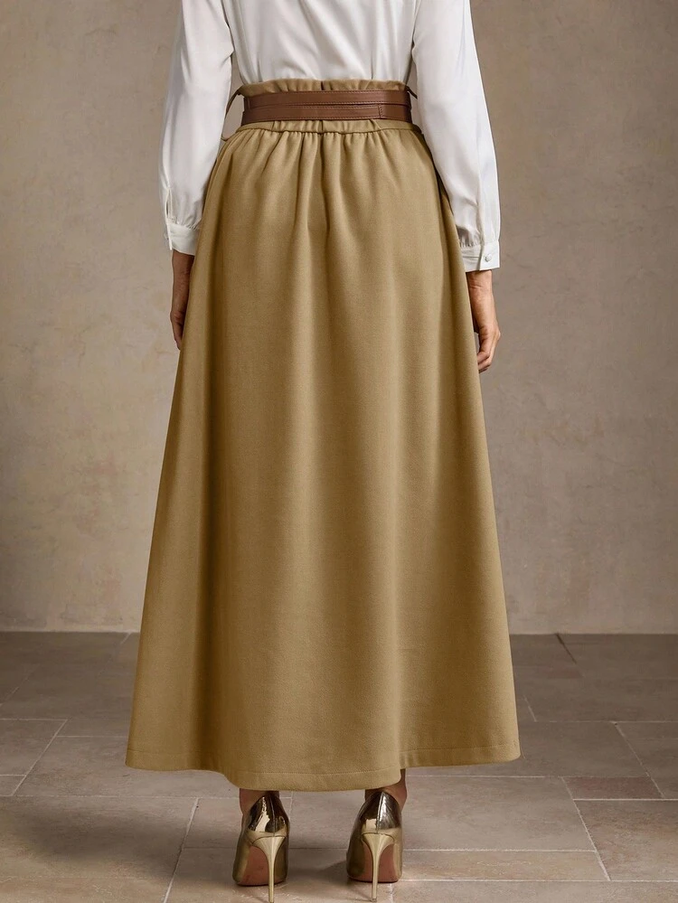 WOMEN'S KHAKI SKIRT, UNIQUE HIGH-END DESIGN WITH BELT, AUTUMN/WINTER A-LINE SKIRT, ELEGANT AND VERSATILE SLIMMING