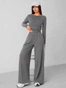 SHEIN PETITE Bộ đồ hai mảnh màu xám đậm mặc nhà thoải mái và dễ chịu cho nữ mùa thu đông áo len mỏng + quần ống rộng - Xám - Xem 5