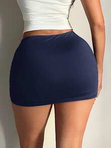 SHEIN SXY Plus Size Women's Solid Color Basic Navy Blue Sexy Casual Mini Bodycon Skirt (With Leggings Included) Dark Blue Skirt Women Skorts