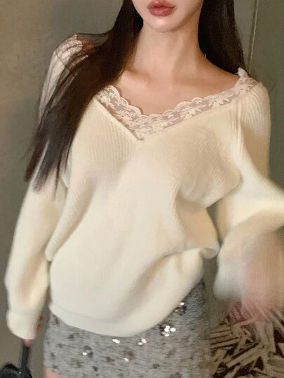 DAZY Women's Lace Trim Patchwork Solid Color Casual Long Sleeve Sweater Carnival