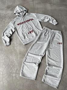 Manfinity EMRG Young, Street Style Printed Gray Men's Hoodie Set, Fall Clothes - Grey - View 1