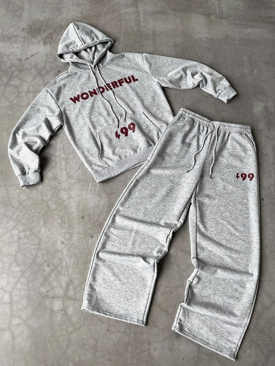 Manfinity EMRG Young, Street Style Printed Gray Men's Hoodie Set, Fall Clothes - Grey - View 1