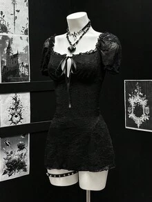 EgrlEra 女式性感蕾丝面料收腰哥特式A字迷你连衣裙 - 黑色 - 查看 6