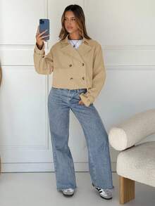 SHEIN EZwear Áo khoác thường ngày tay dài cài hai hàng khuy cổ ve trơn màu dành cho nữ, mùa thu - Lạc đà - Xem 5
