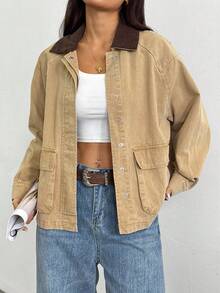 Elenzga Women's Casual Loose Fit Contrast Color Lapel Raglan Sleeve Denim Jacket, Autumn - Khaki - View 1