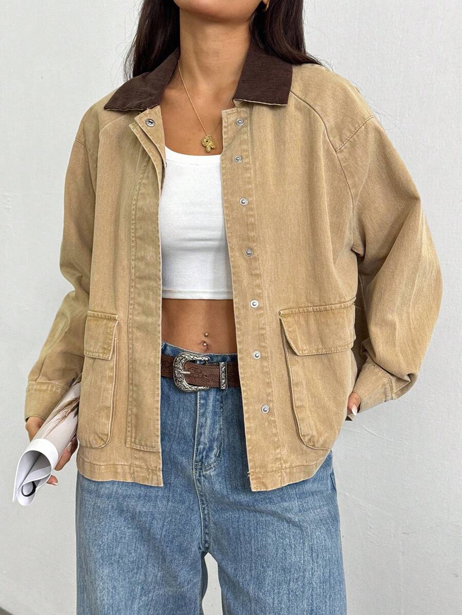 Elenzga Women's Casual Loose Fit Contrast Color Lapel Raglan Sleeve Denim Jacket, Autumn - Khaki - View 1