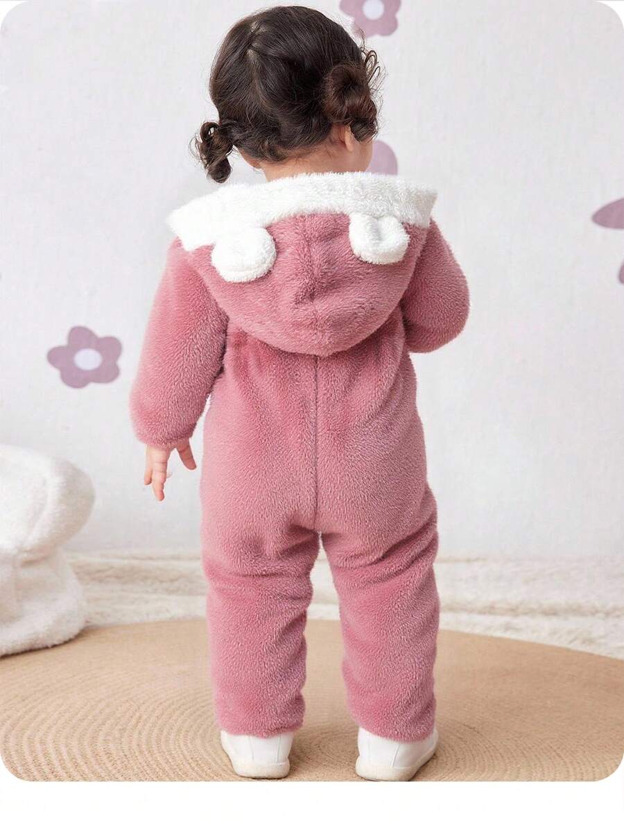 SHEIN 新生女宝宝可爱毛绒撞色连帽连体衣,秋冬季 - 粉色 - 查看 1
