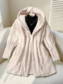 SHEIN 少女休闲保暖提花连帽长款开衫，杏色和浅卡其色，秋冬女装，少女冬季服装，少女长款开衫 - 杏色 - 查看 7