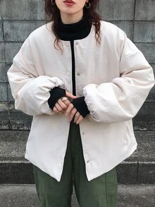 FRIFUL Women's Round Neck Drop Shoulder Button Cuff Casual Loose Versatile Padded Coat, Suitable For Autumn Jacket - Apricot - View 3