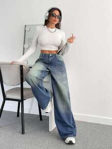 EURMUSE Modne, luźne, damskie jeansy z niskim stanem i prostymi nogawkami w kolorze niebieskim