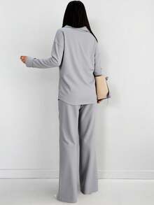 EURMUSE Solid Button Front Shirt & Wide Leg Trousers - Light Grey - View 2