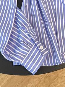 GlowEve 女士小领蓝色条纹小众设计优雅优雅系腰衬衫 - 藍色 - 查看 4