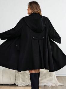 SHEIN CURVE+ 大码女式黑色连帽收腰 A 字型大衣，秋冬休闲风格 - 黑色 - 查看 2