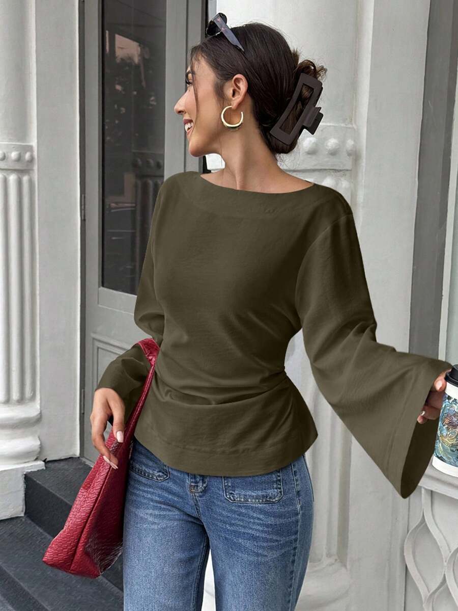 EMERY ROSE Women's Solid Color Round Neck Ruffle Flare Sleeve Fashion Blouse - Army Green - View 1