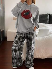 DAZY Women's Tomato Graphic Print Hoodie & Plaid Pants Pajama Set, Autumn/Winter, Fall Clothes - Grey - View 1