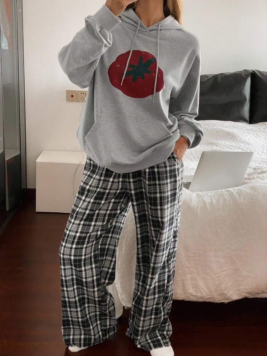 DAZY Women's Tomato Graphic Print Hoodie & Plaid Pants Pajama Set, Autumn/Winter, Fall Clothes - Grey - View 1