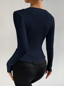 EMERY ROSE 女式休闲日常通勤简约纯色圆领修身套头衫，秋季 - 寶藍色 - 查看 2