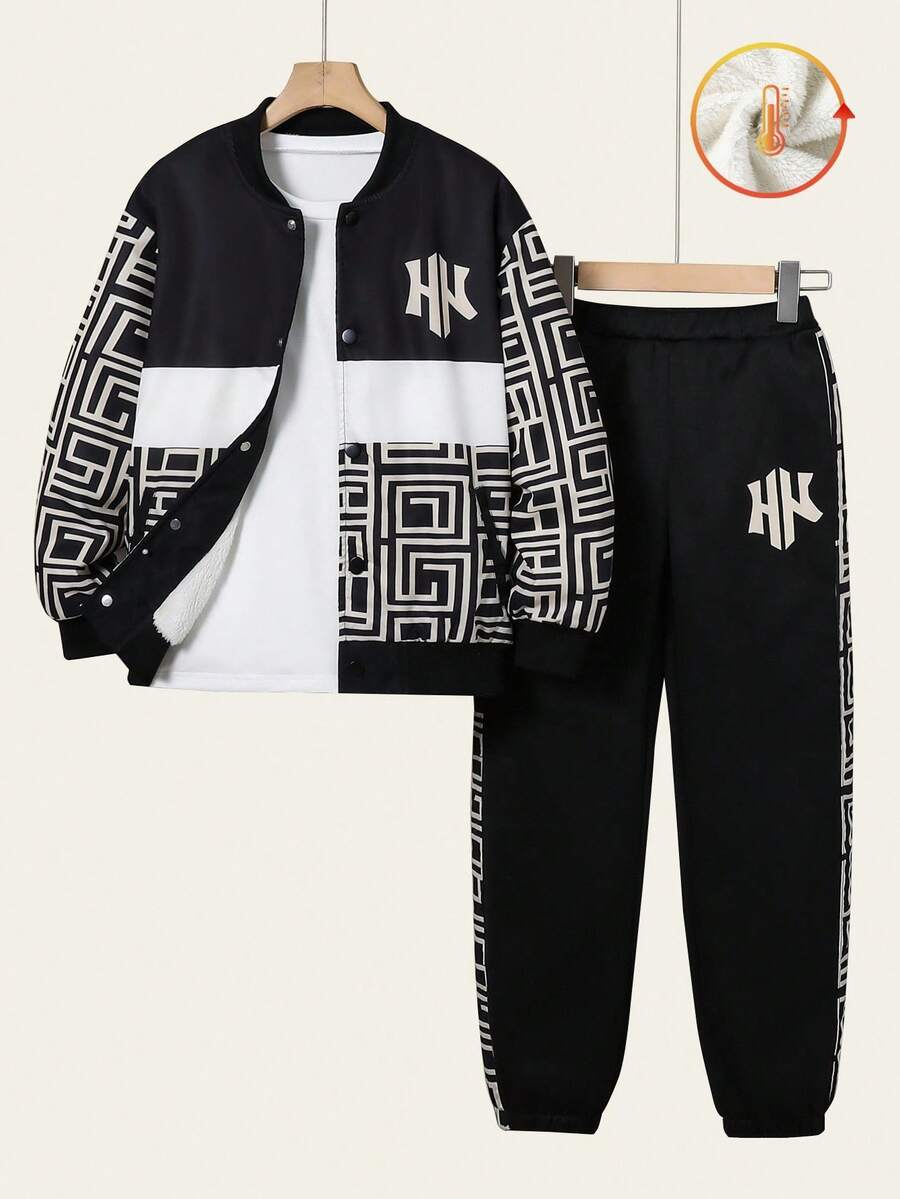 SHEIN Explorewe 2pcs Boys' Fashion Jacket And Pants Set, Soft And Comfortable Fabric, Suitable For Outdoor, Autumn/Winter, Sports, School, And Various Occasions. Essential Stylish Jacket And Pants Set For Boys In 2025 Back-To-School Season Fall