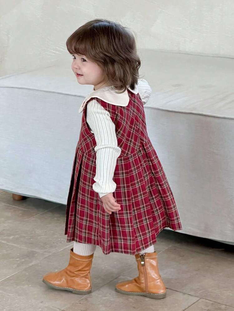 Baby Girls' Plaid Casual Korean Style Cartoon Fruit Embroidery Peter Pan Collar Mid-Length Dress Christmas Toddler Girls Clothes