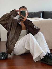 DAZY 女士秋季PU下摆宽松休闲夹克皮夹克 - 棕色 - 查看 5